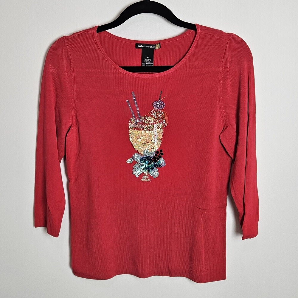Sweaterworks Women's Size M Embellished Top Beaded Cocktail‎ Tropical Red Blouse